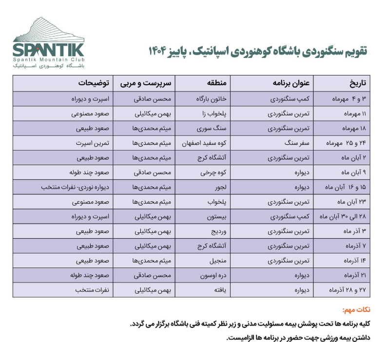 تقویم سنگنوردی باشگاه اسپانتیک